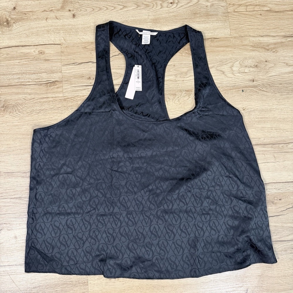 VVictoria's Secret Monogram Logo Satin Racerback Tank Top Black Sleepwear XXL